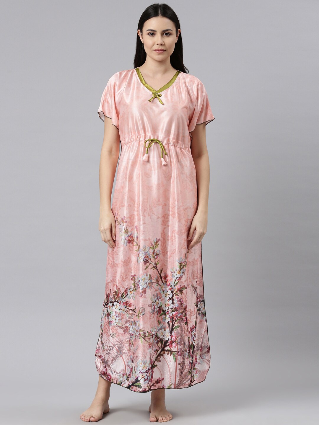 

TRUNDZ Women Printed Satin Maxi Nightdress, Peach