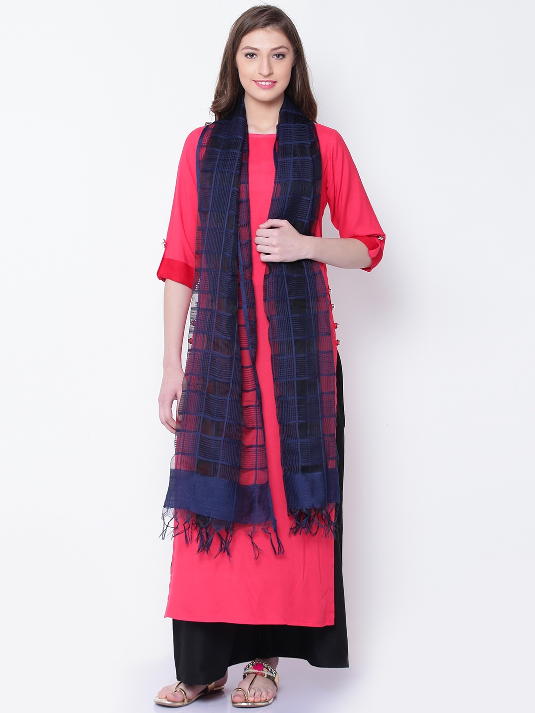 

AURELIA Navy & Black Self-Checked Dupatta, Navy blue
