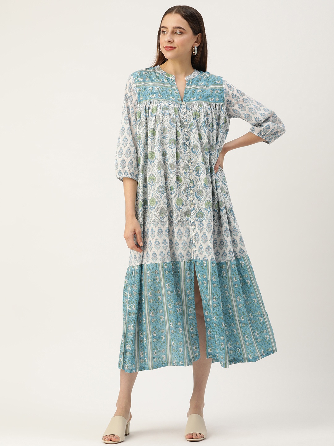 

AMUKTI Blue & Green Floral A-Line Cotton Midi Dress
