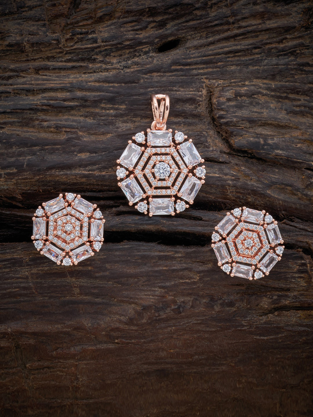 

Kushal's Fashion Jewellery Women Rose Gold Plated Cubic Zirconia Pendant & Earrings Set, White