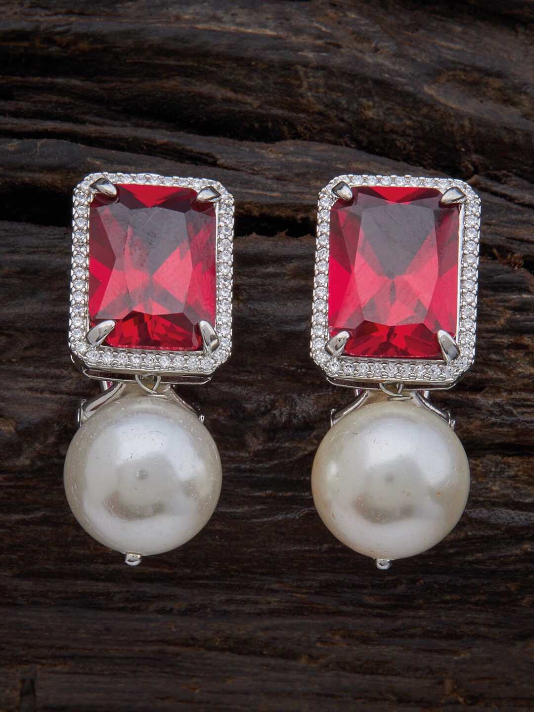 

Kushal's Fashion Jewellery Rhodium Plated Square Jhumkas Earrings, Red