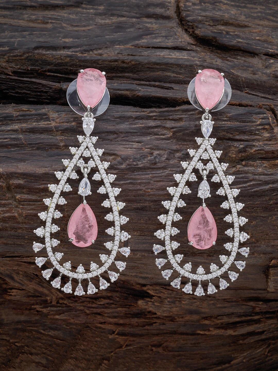 

Kushal's Fashion Jewellery Rhodium-Plated Teardrop Shaped Drop Earrings, Pink