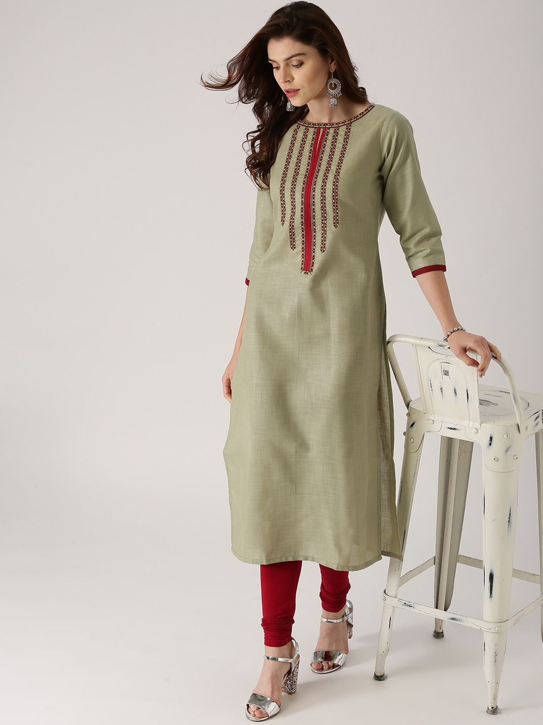 

Libas Women Olive Green Embroidered Straight Kurta