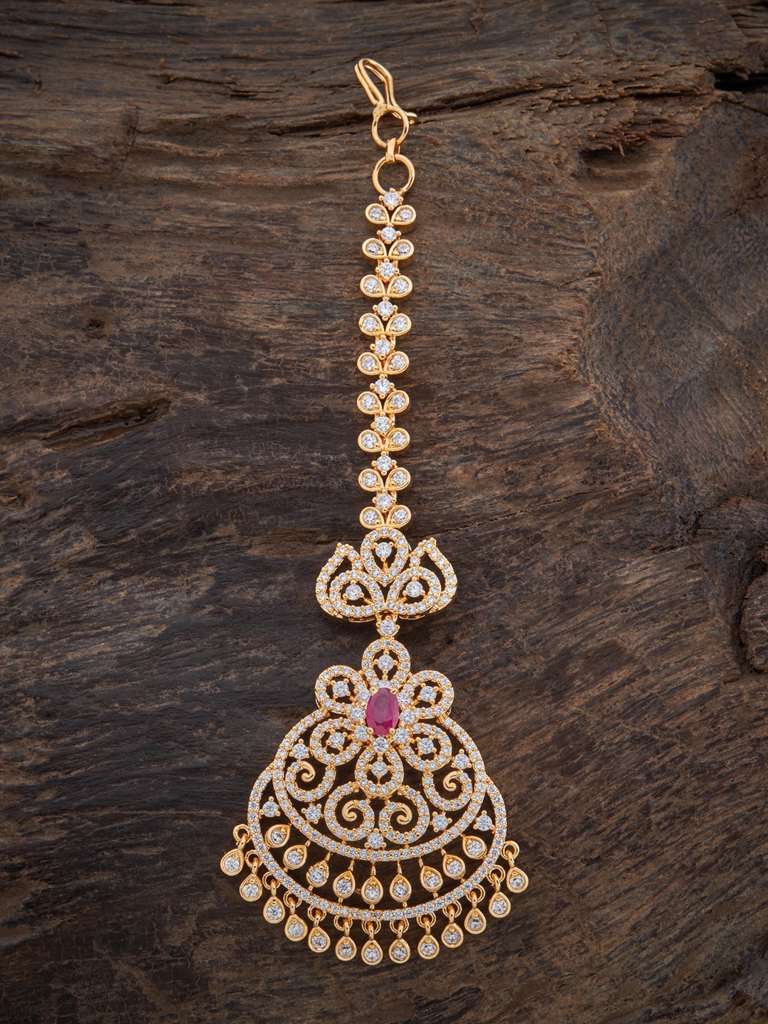 

Kushal's Fashion Jewellery Gold-Plated CZ Stones Studded Maangtika, Pink