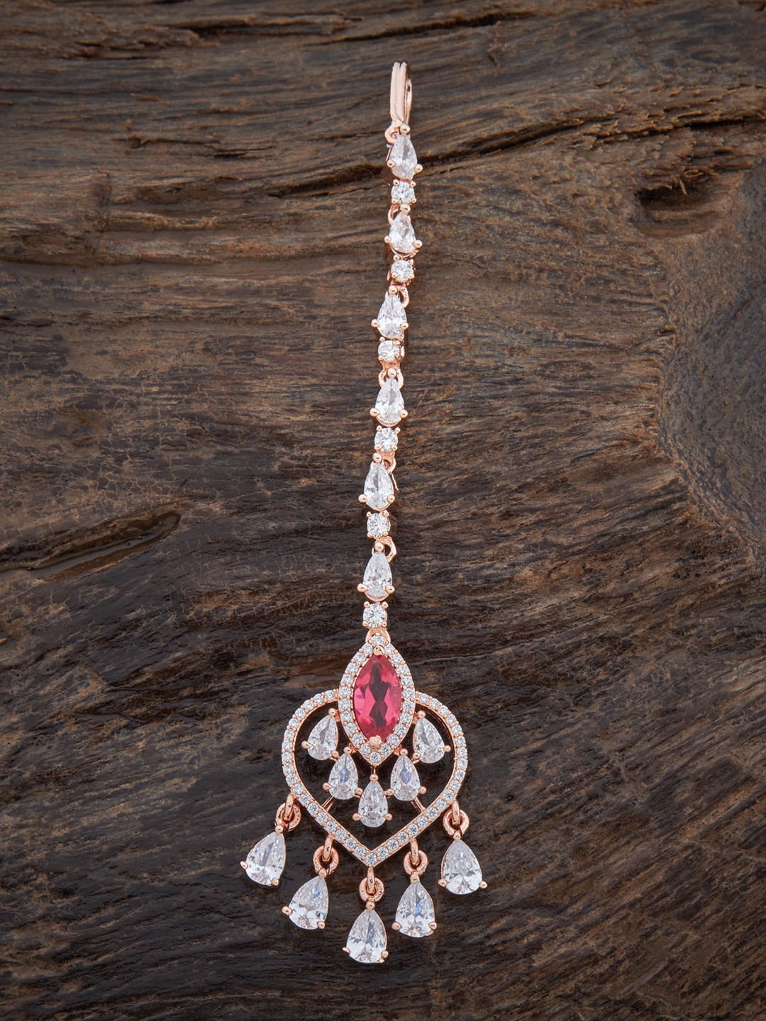 

Kushal's Fashion Jewellery Rose Gold-Plated CZ-Studded Maangtikka, Red