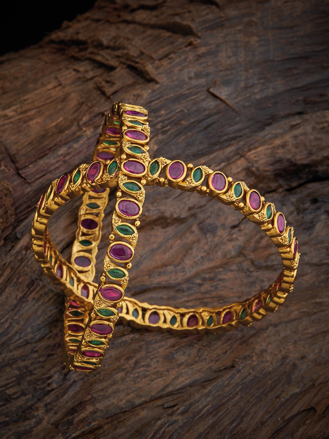 

Kushal's Fashion Jewellery Set Of 2 Stone Studded Antique Bangles, Gold