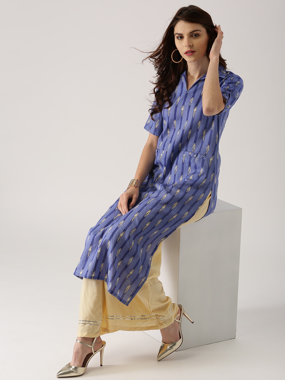 

Libas Women Blue & Beige Woven Design Straight Kurta