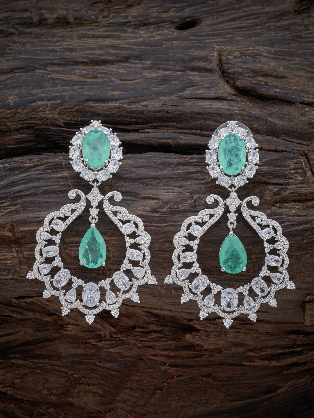 

Kushal's Fashion Jewellery Rhodium-Plated Cubic Zirconia Teardrop Shaped Drop Earrings, Sea green