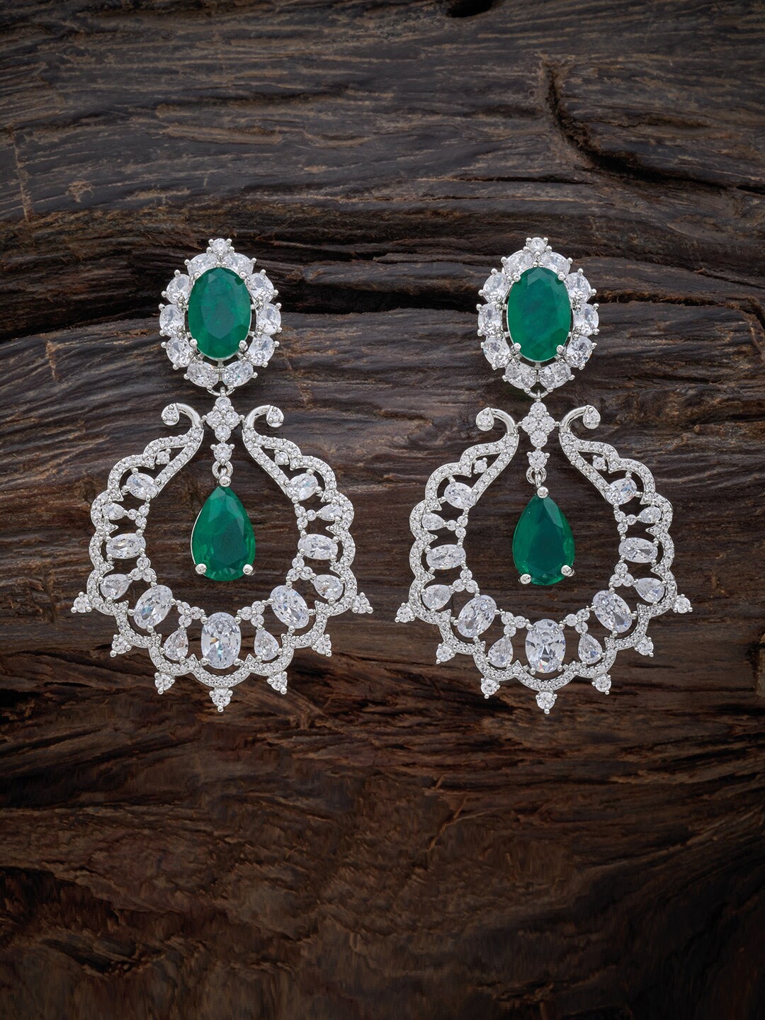 

Kushal's Fashion Jewellery Rhodium-Plated Cubic Zirconia Teardrop Shaped Drop Earrings, Green