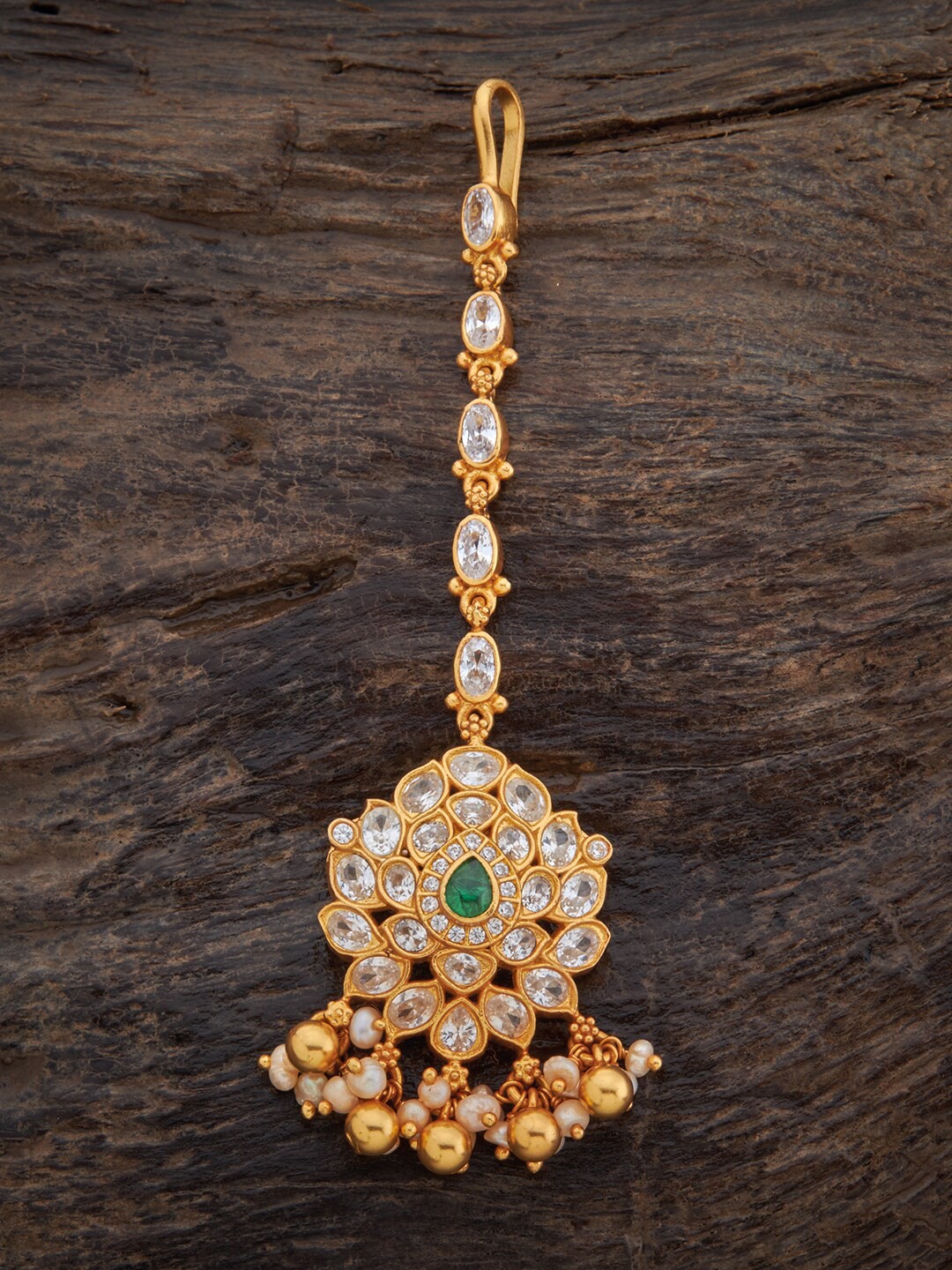 

Kushal's Fashion Jewellery 92.5 Pure Silver Stone-Studded & Pearl Beaded Maangtika, Green