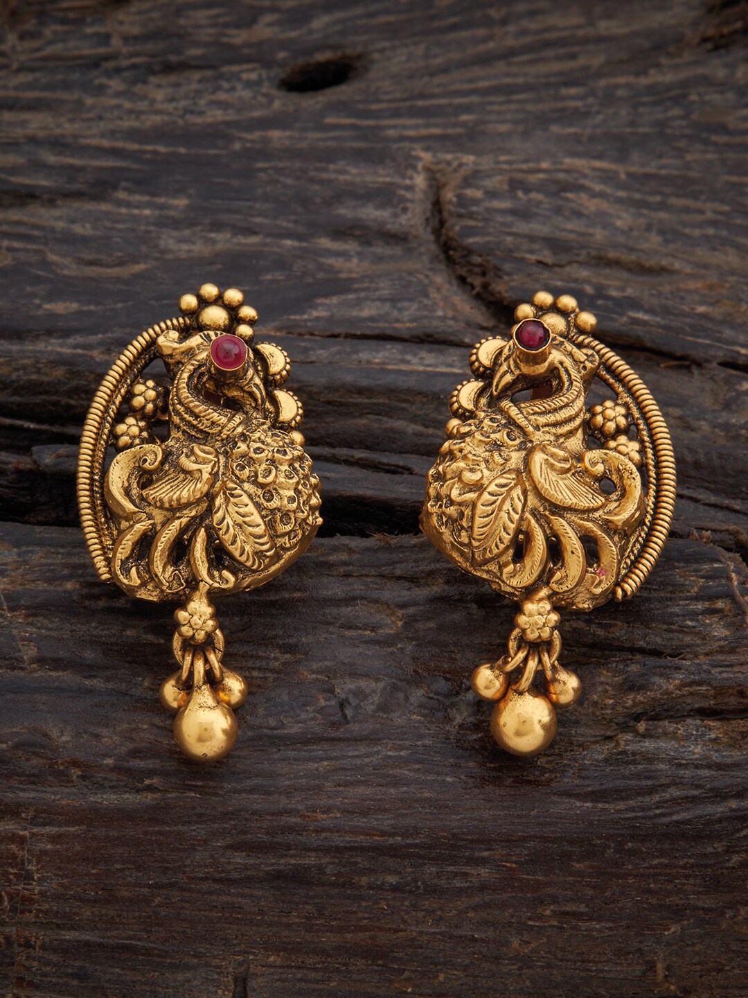 

Kushal's Fashion Jewellery Rhodium-Plated Peacock Shaped Temple Drop Earrings, Red