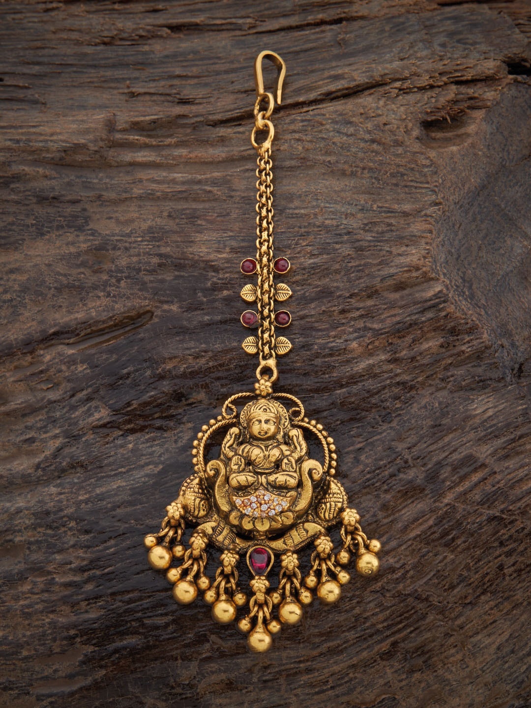 

Kushal's Fashion Jewellery Gold-Plated Spinal Stone-Studded Oxidesed Maang Tikka, Red