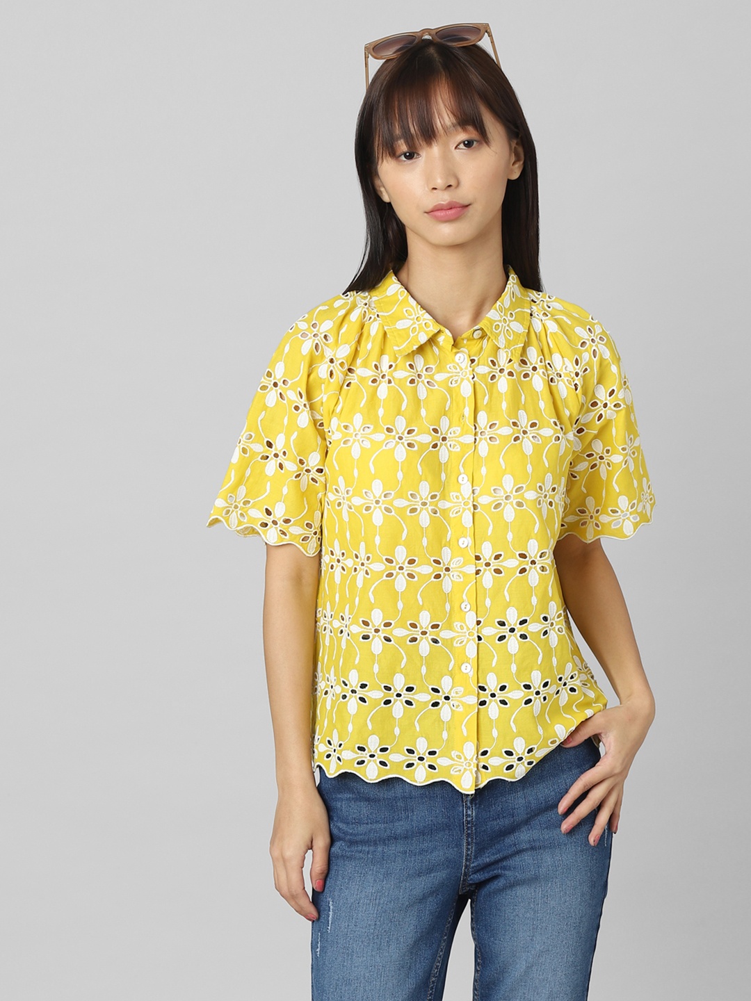 

ONLY Women Floral Printed Cotton Casual Shirt, Yellow