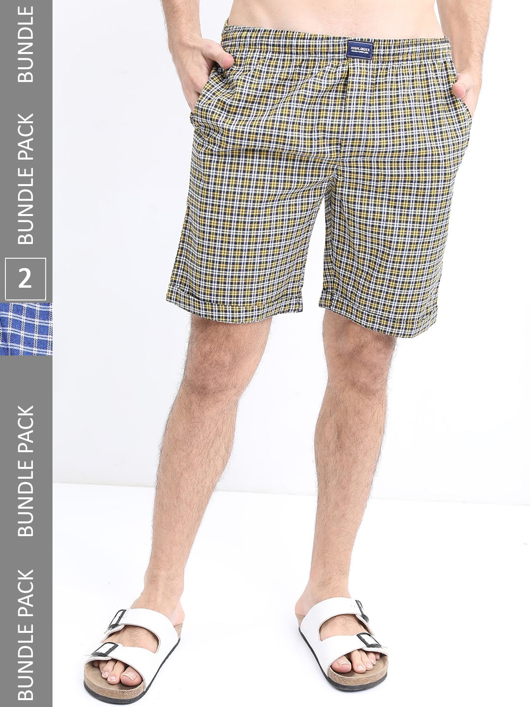 

HIGHLANDER Men Pack of 2 Checked Lounge Shorts, Blue