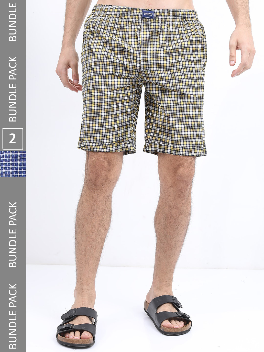 

HIGHLANDER Men Pack Of 2 Cotton Checked Shorts, Blue