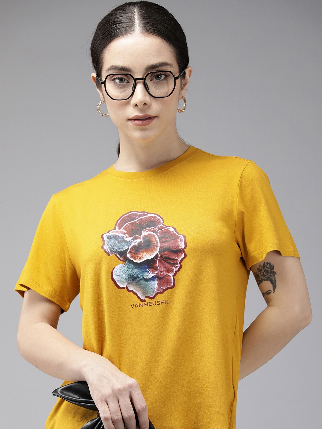 

Van Heusen Woman Graphic Printed Round Neck T-shirt, Mustard