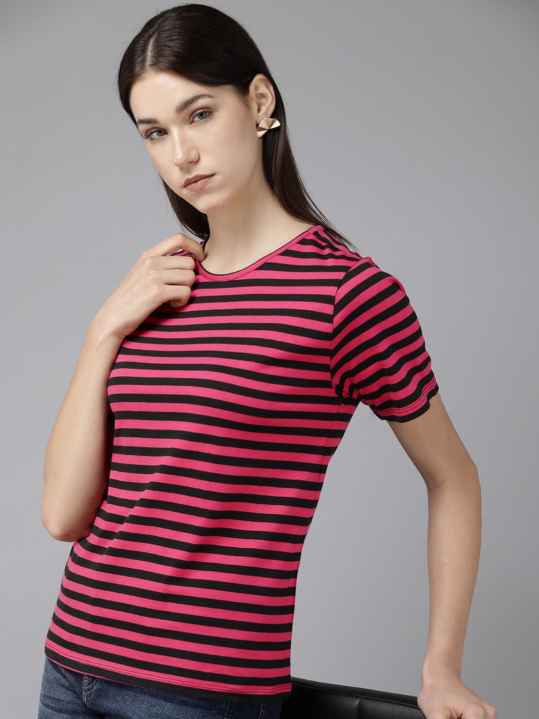 

Van Heusen Woman Round Neck Striped Pure Cotton T-shirt, Pink