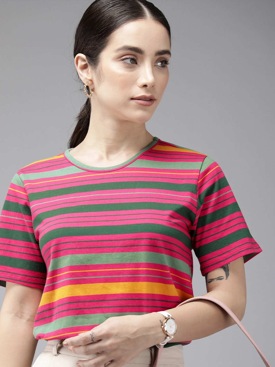 

Van Heusen Woman Striped Pure Cotton Round Neck T-shirt, Pink