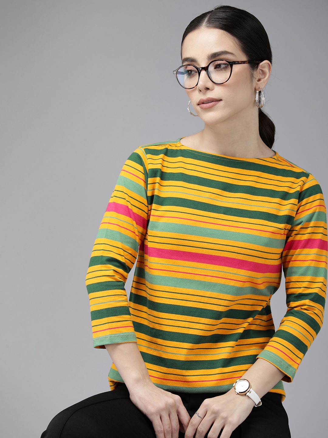 

Van Heusen Woman Round Neck Striped Pure Cotton T-shirt, Mustard