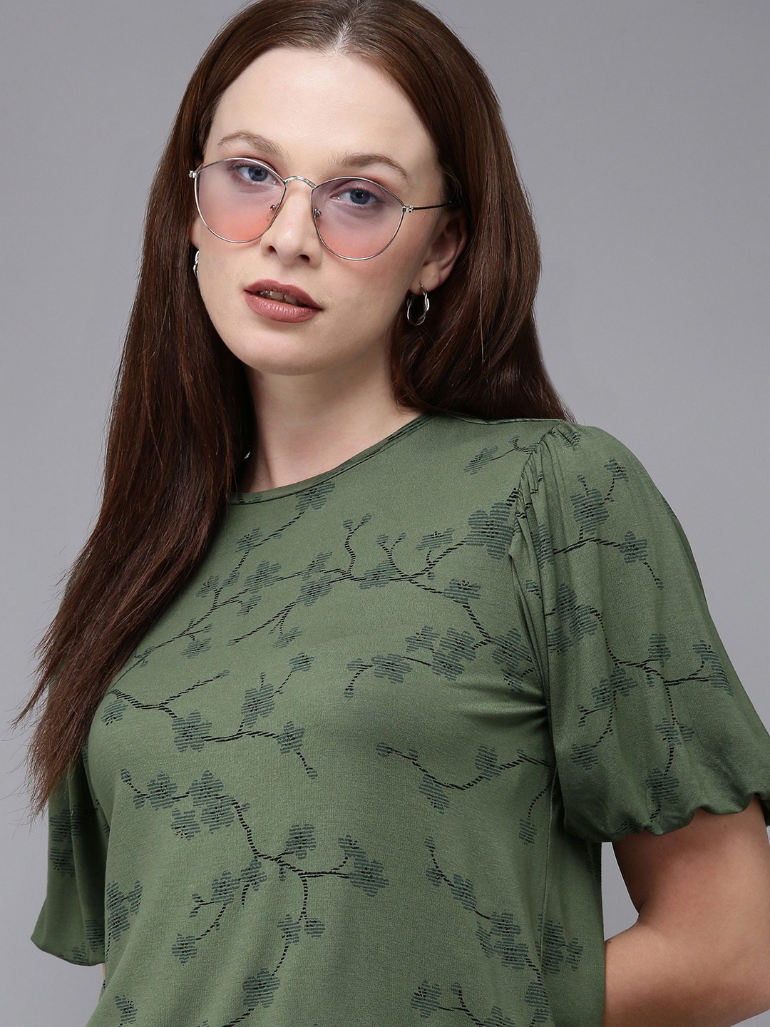 

Van Heusen Woman Floral Print Puff Sleeve Top, Olive