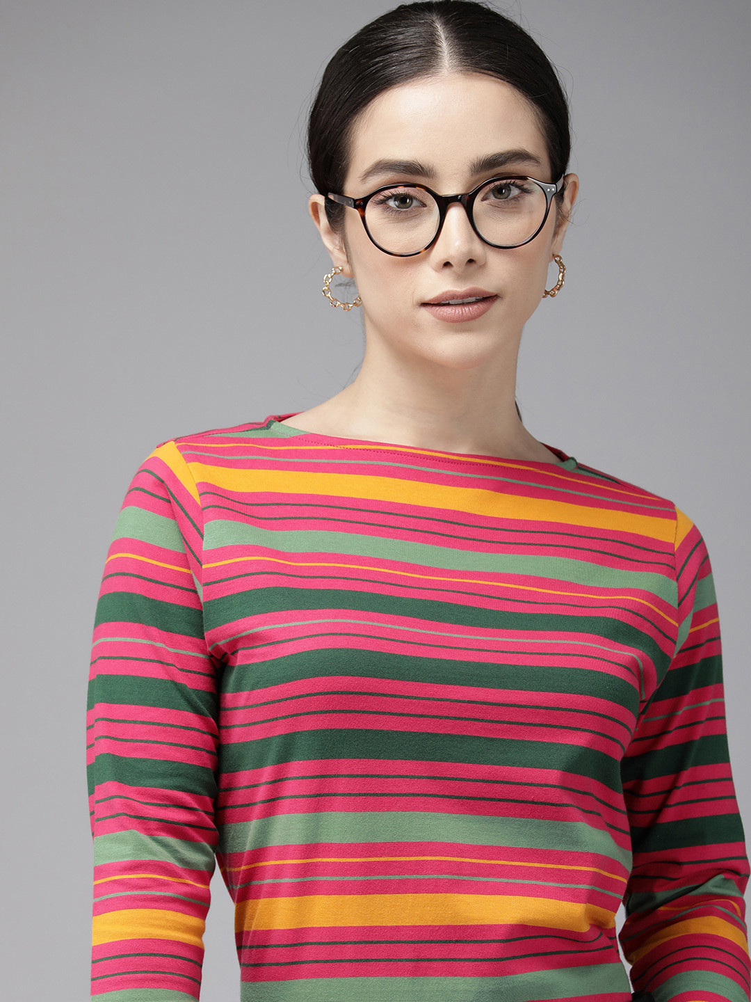 

Van Heusen Woman Women Pink & Green Striped Pure Cotton T-shirt