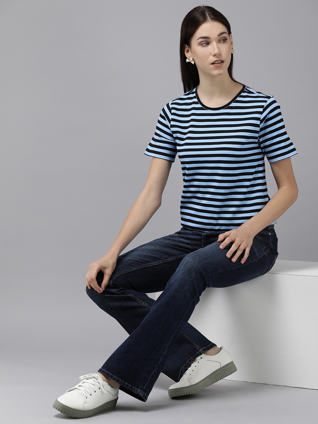 

Van Heusen Woman Round Neck Striped Pure Cotton T-shirt, Navy blue