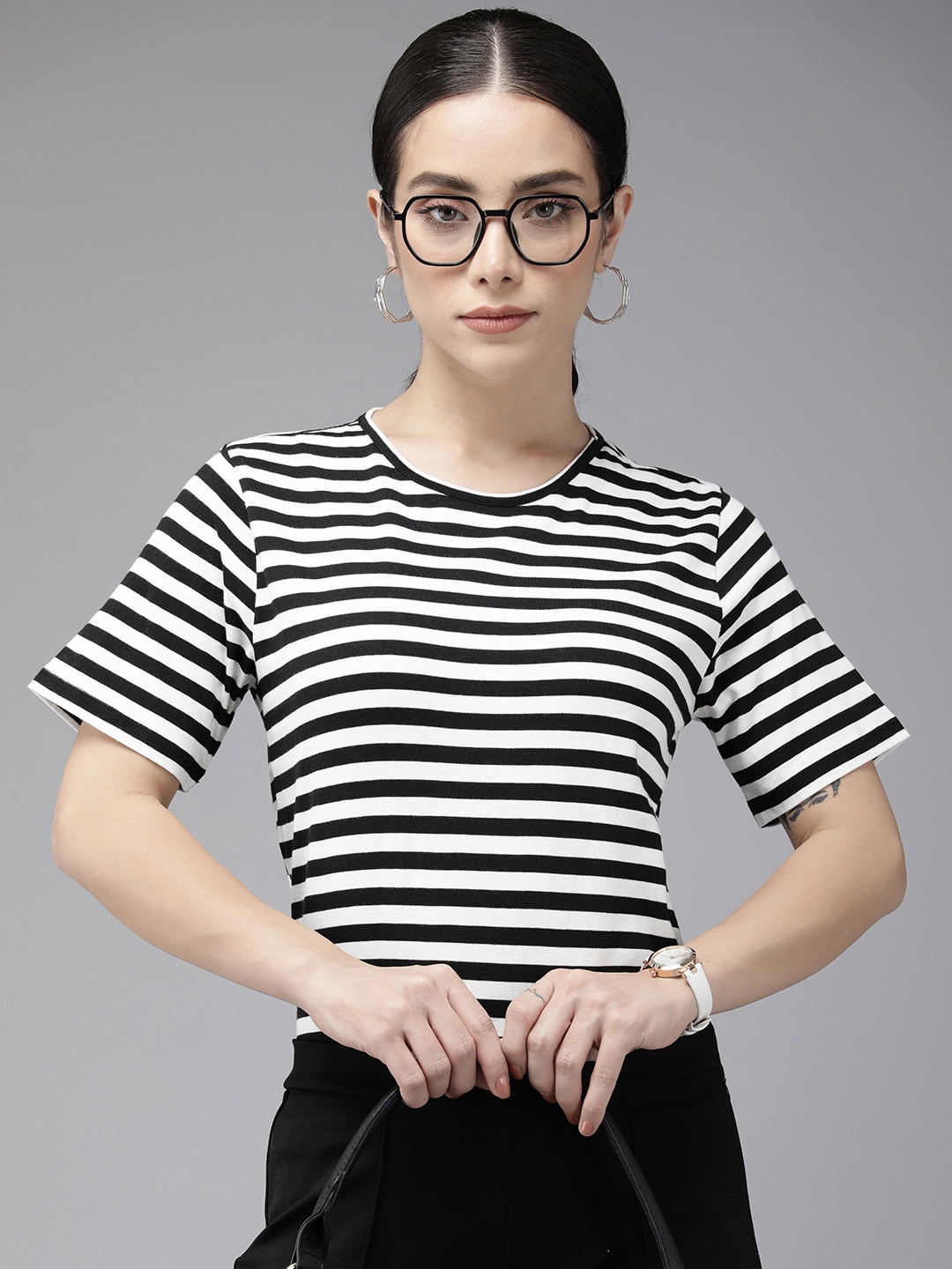 

Van Heusen Woman Round Neck Striped Pure Cotton T-shirt, White
