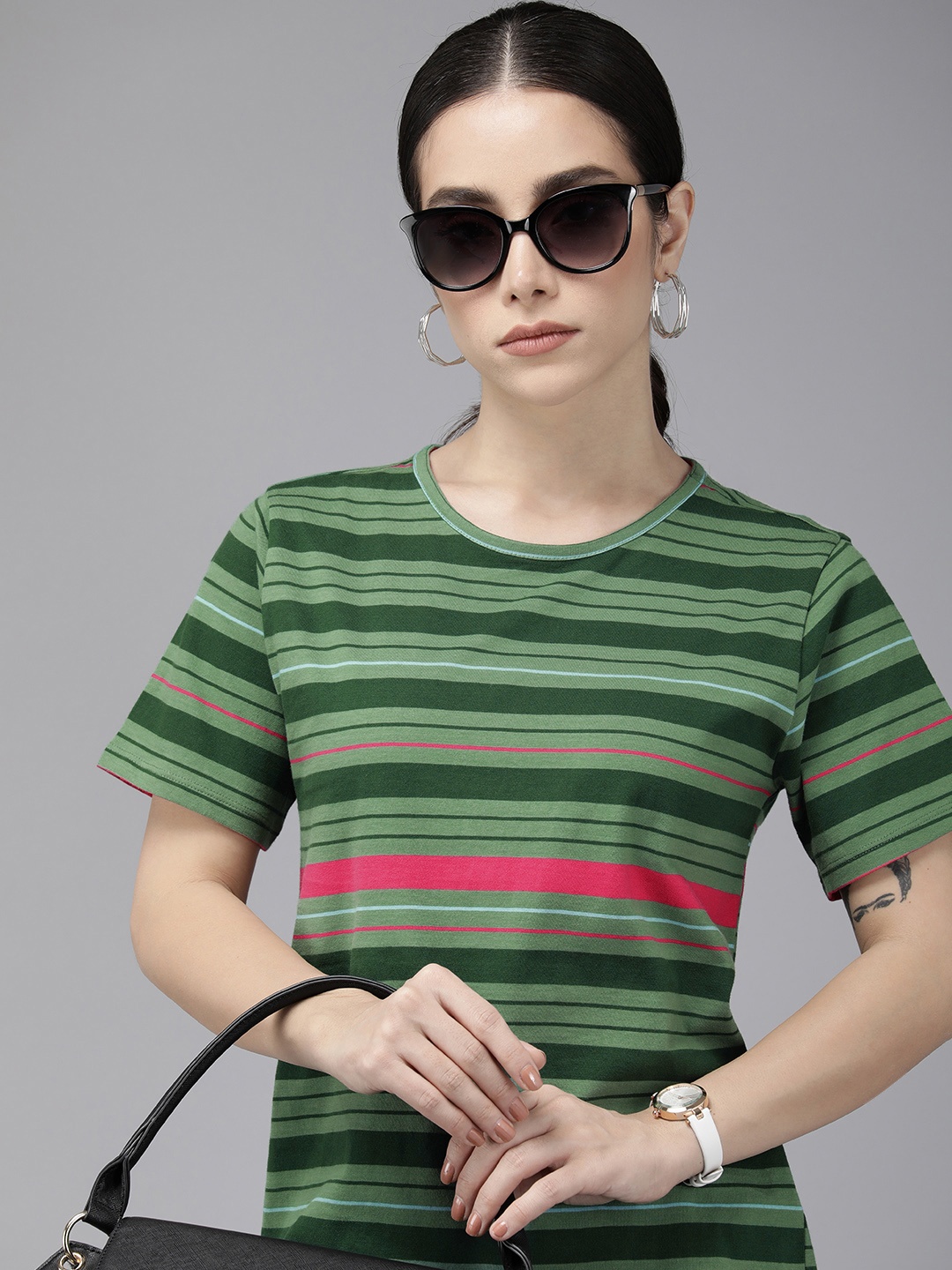 

Van Heusen Woman Round Neck Striped Pure Cotton T-shirt, Green