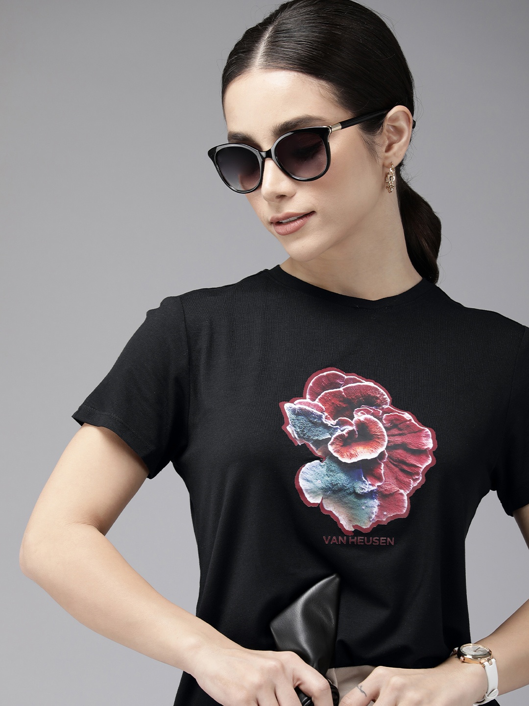 

Van Heusen Woman Round Neck Graphic Printed T-shirt, Black