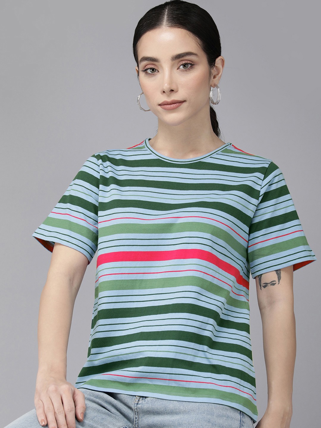 

Van Heusen Woman Round Neck Striped Pure Cotton T-shirt, Blue