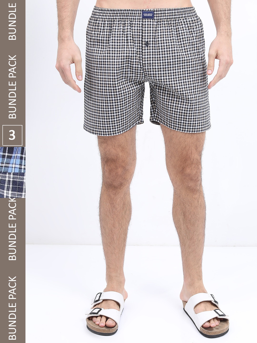 

HIGHLANDER Men Cotton Pack of 3 Checked Boxers HLBX000018, White