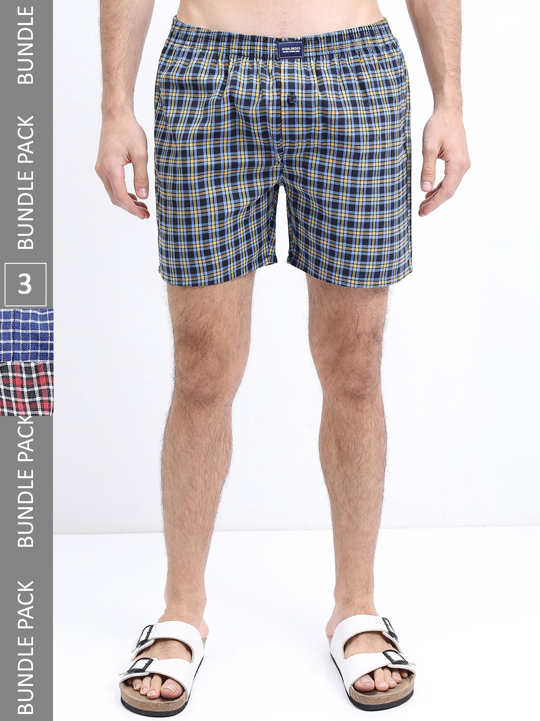 

HIGHLANDER Men Pack of 3 Checked Cotton Boxers, Blue