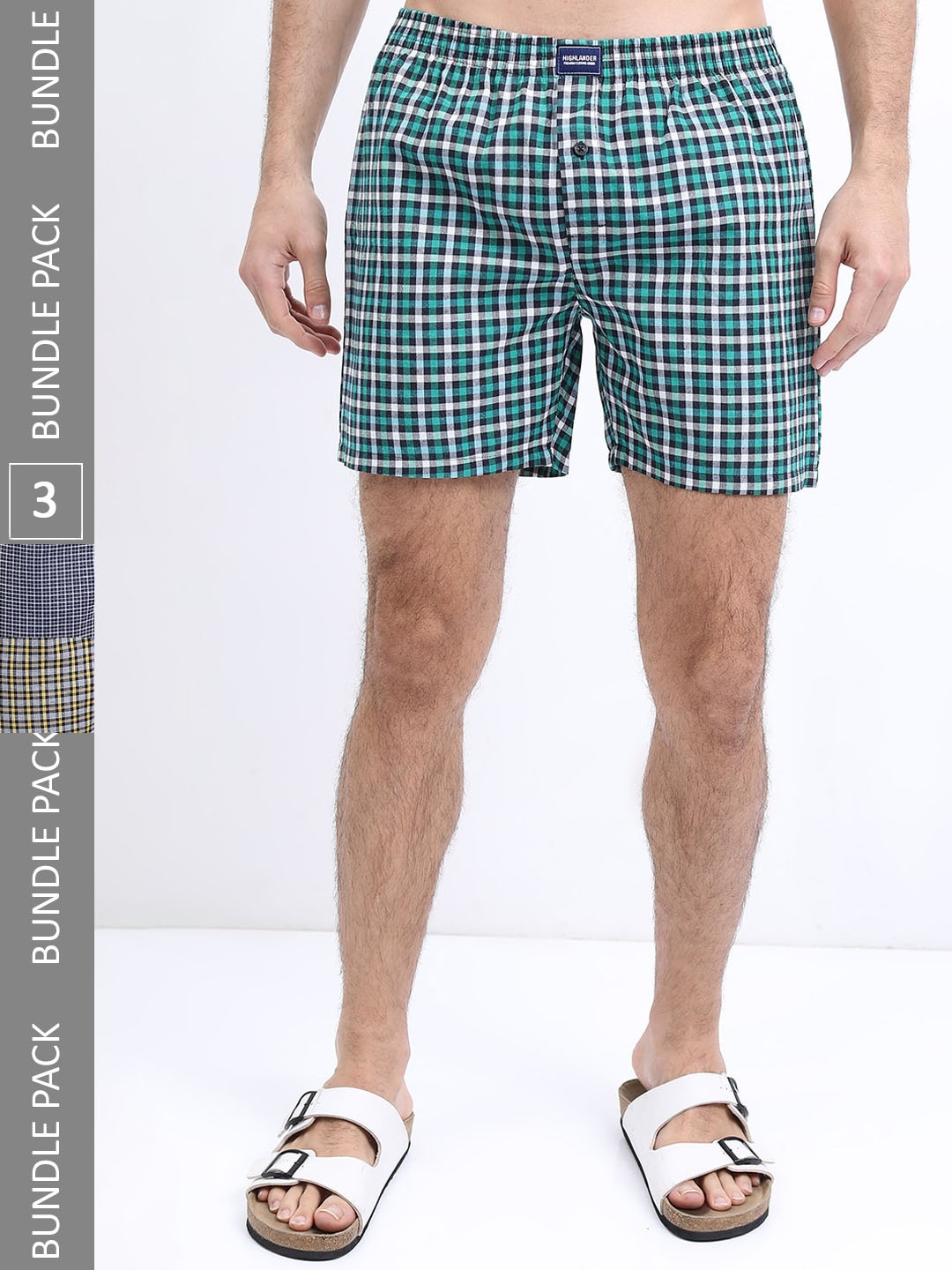 

HIGHLANDER Men Pack of 3 Checked Cotton Boxers, Navy blue