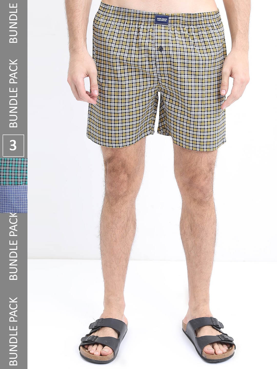 

HIGHLANDER Men Pack of 3 Checked Cotton Boxers, Blue