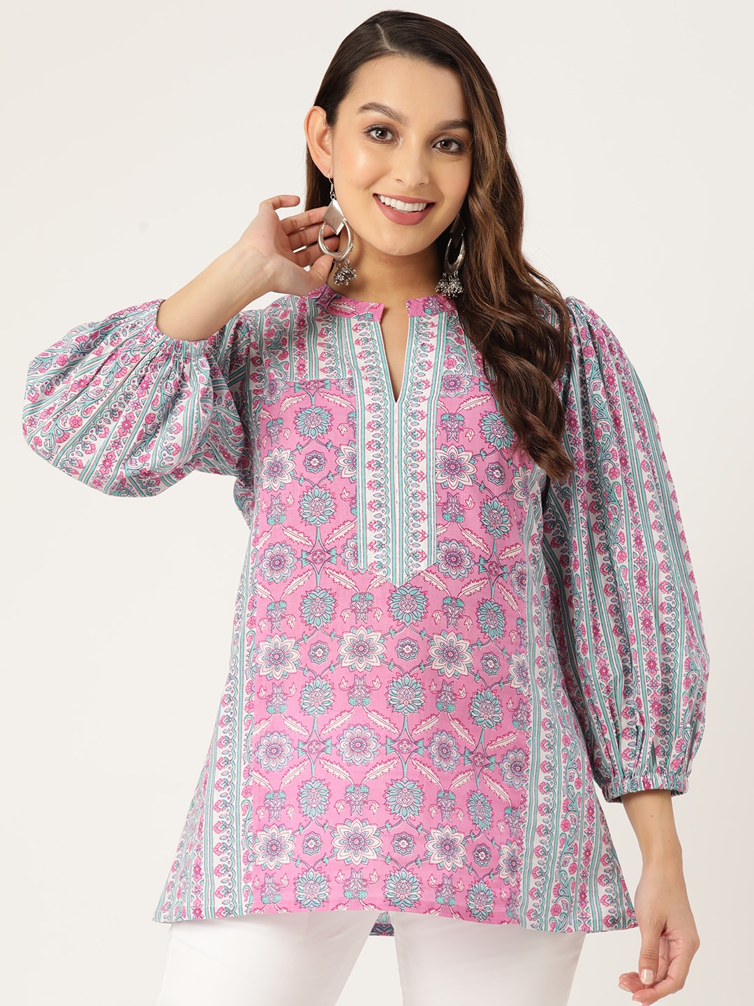 

Jaipur Morni Floral Print Mandarin Collar Cotton Top, Pink