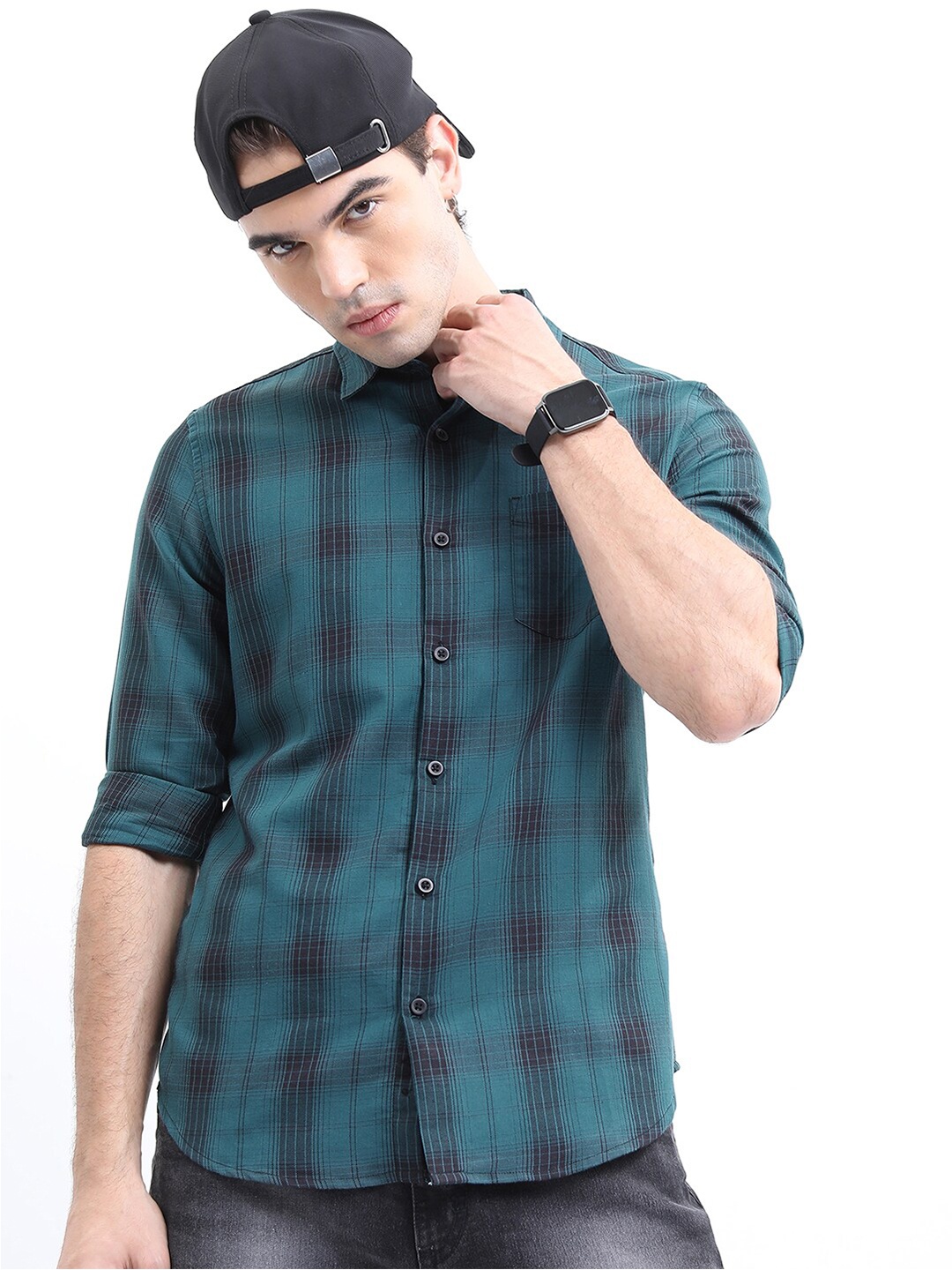 

HIGHLANDER Men Cotton Slim Fit Checked Casual Shirt, Teal