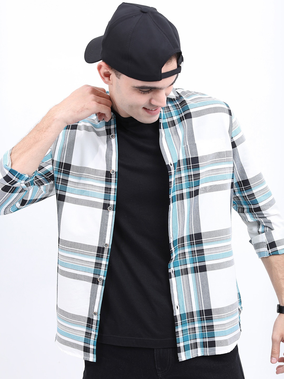 

HIGHLANDER Men Cotton Tartan Checks Checked Casual Shirt, White