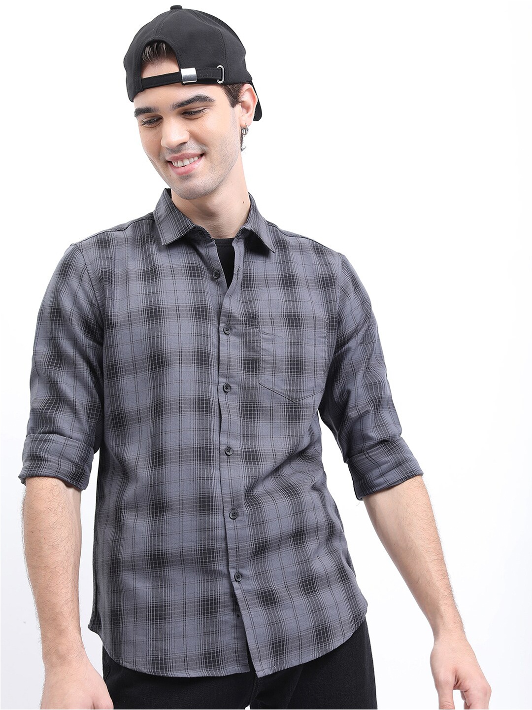 

HIGHLANDER Men Checked Casual Slim Fit Shirt, Grey
