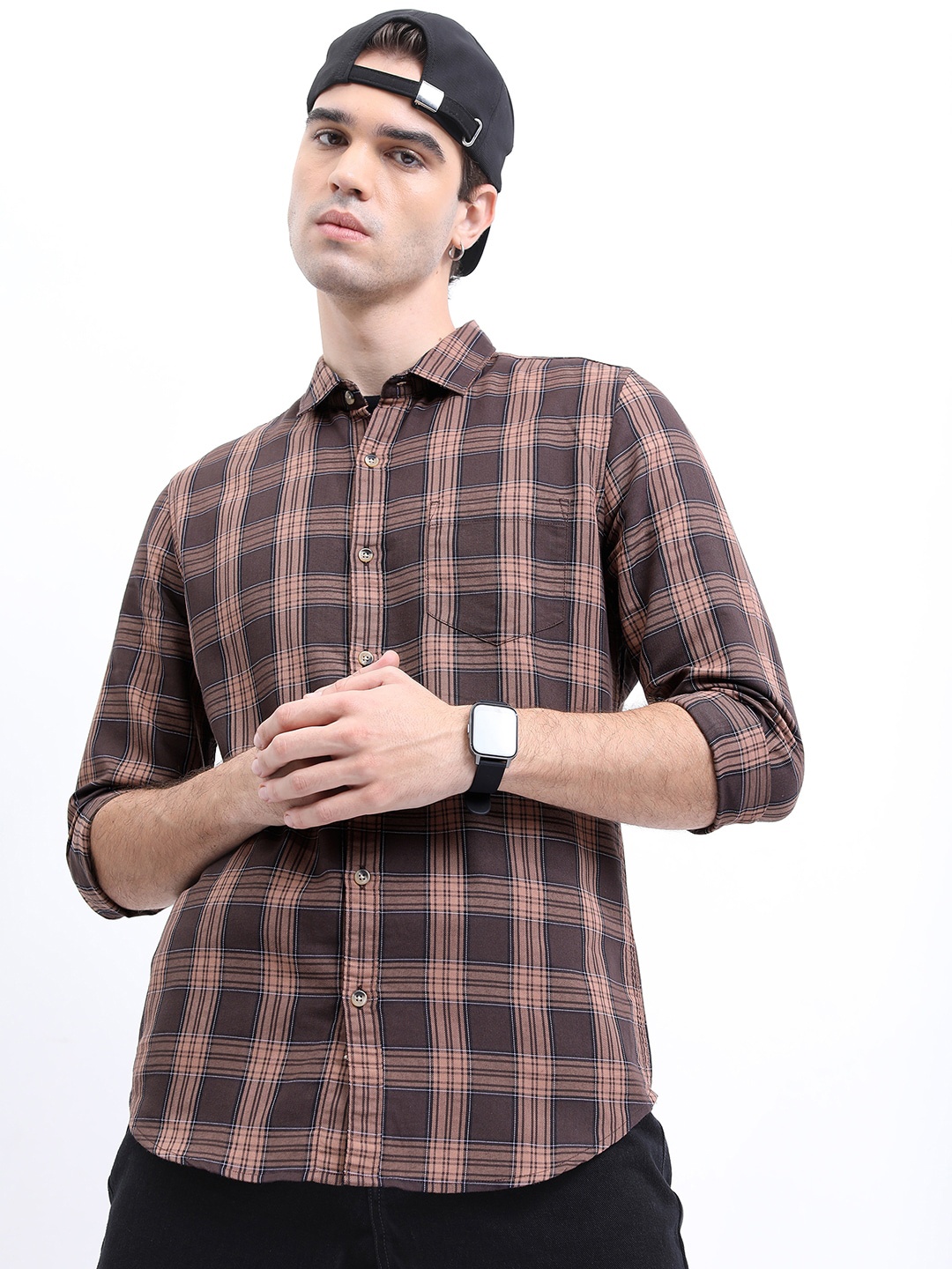 

HIGHLANDER Men Checked Casual Slim Fit Shirt, Brown