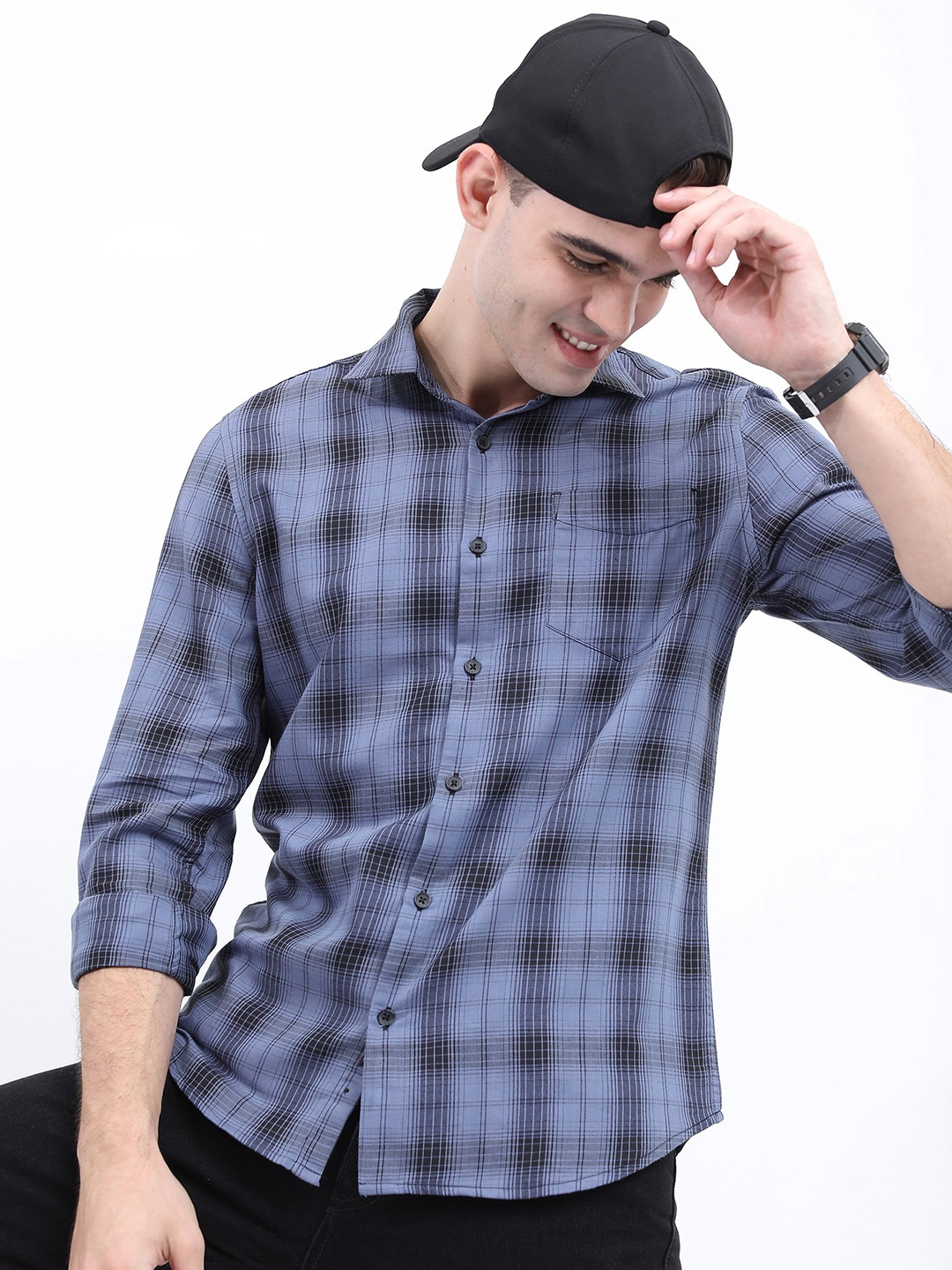 

HIGHLANDER Men Checked Casual Slim Fit Shirt, Blue