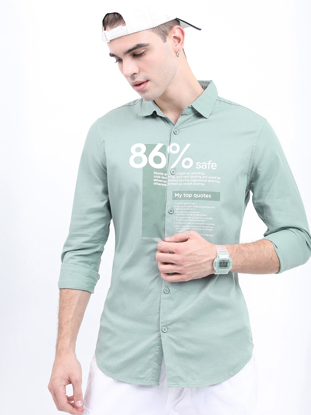 

HIGHLANDER Men Printed Casual Slim Fit Cotton Shirt, Green