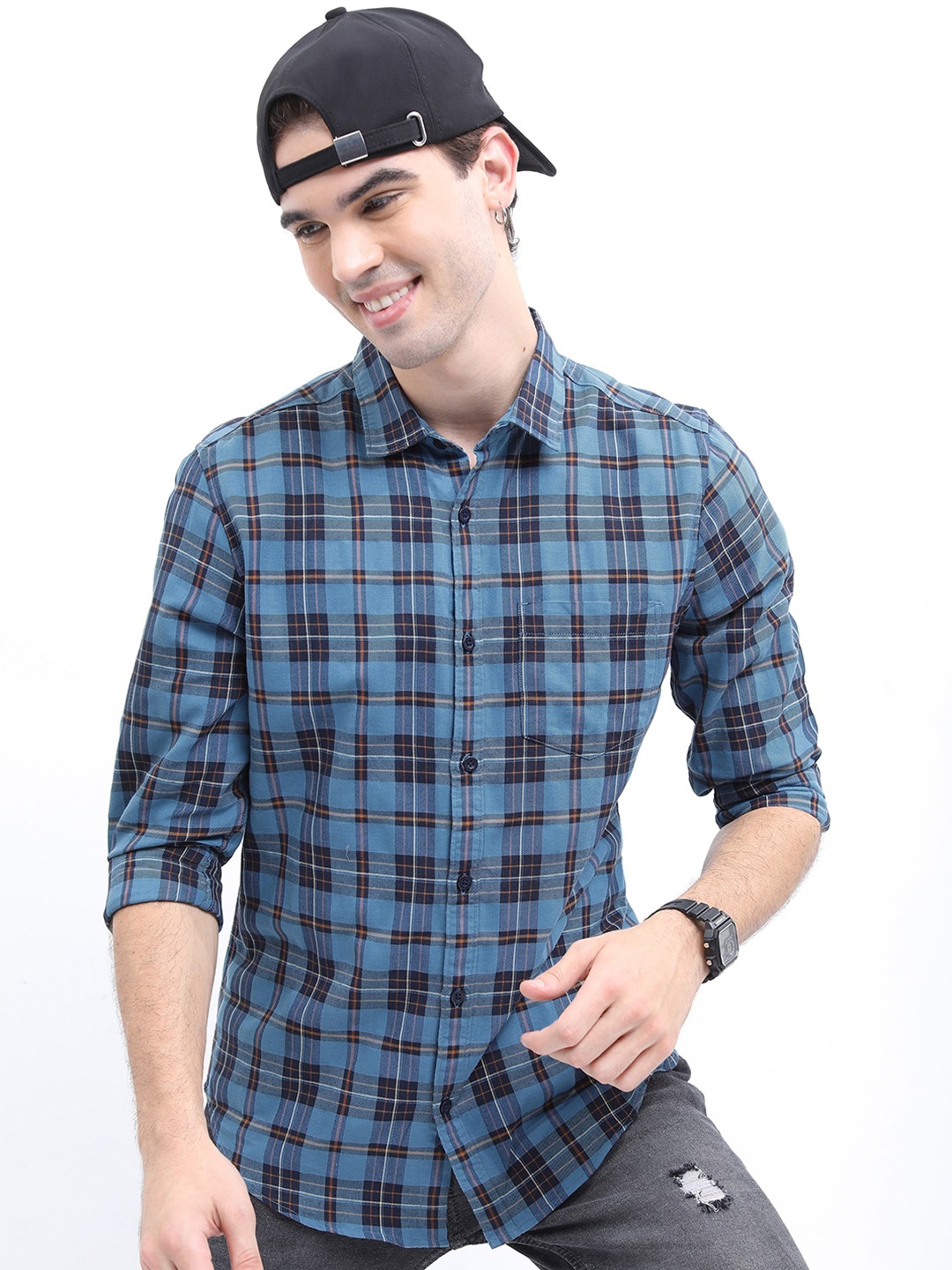 

HIGHLANDER Men Checked Casual Slim Fit Shirt, Blue