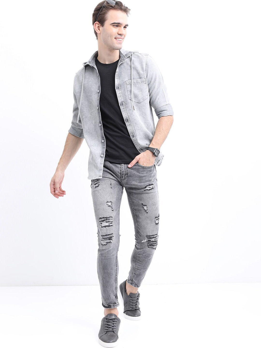 

HIGHLANDER Men Hooded Casual Slim Fit Shirt, Grey