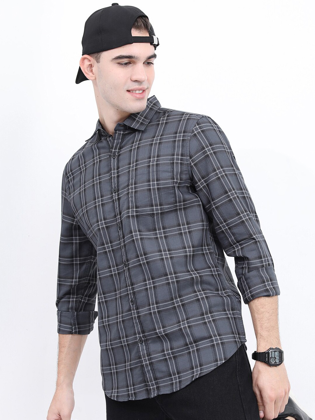

HIGHLANDER Men Slim Fit Windowpane Checks Casual Cotton Shirt, Grey