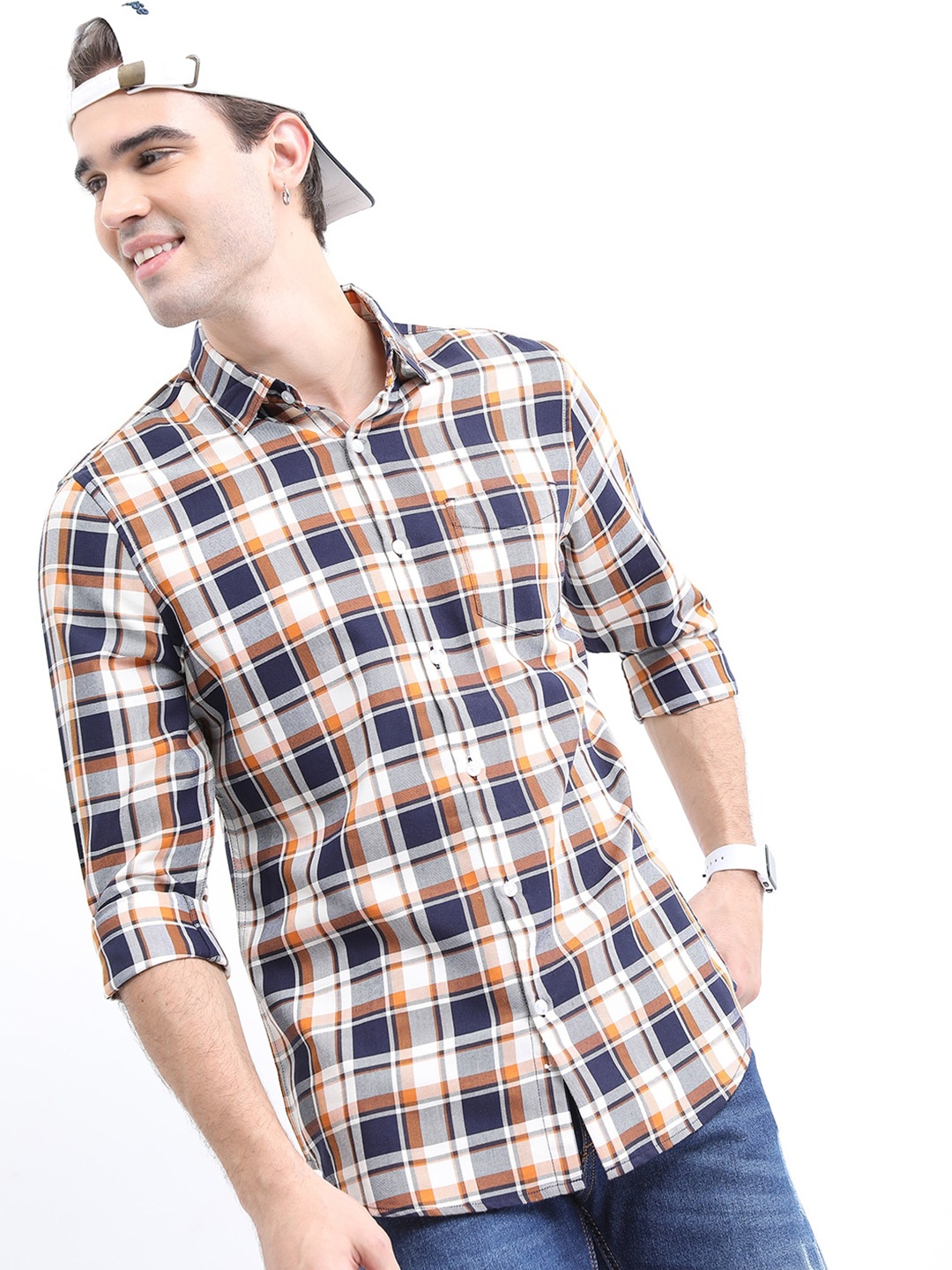 

HIGHLANDER Men Slim Fit Tartan Checks Checked Casual Shirt, Navy blue