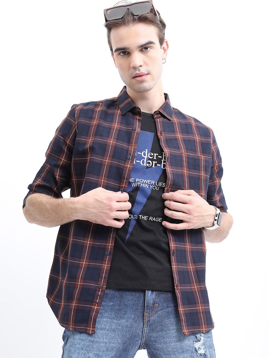 

HIGHLANDER Men Slim Fit Tartan Checks Checked Casual Shirt, Navy blue