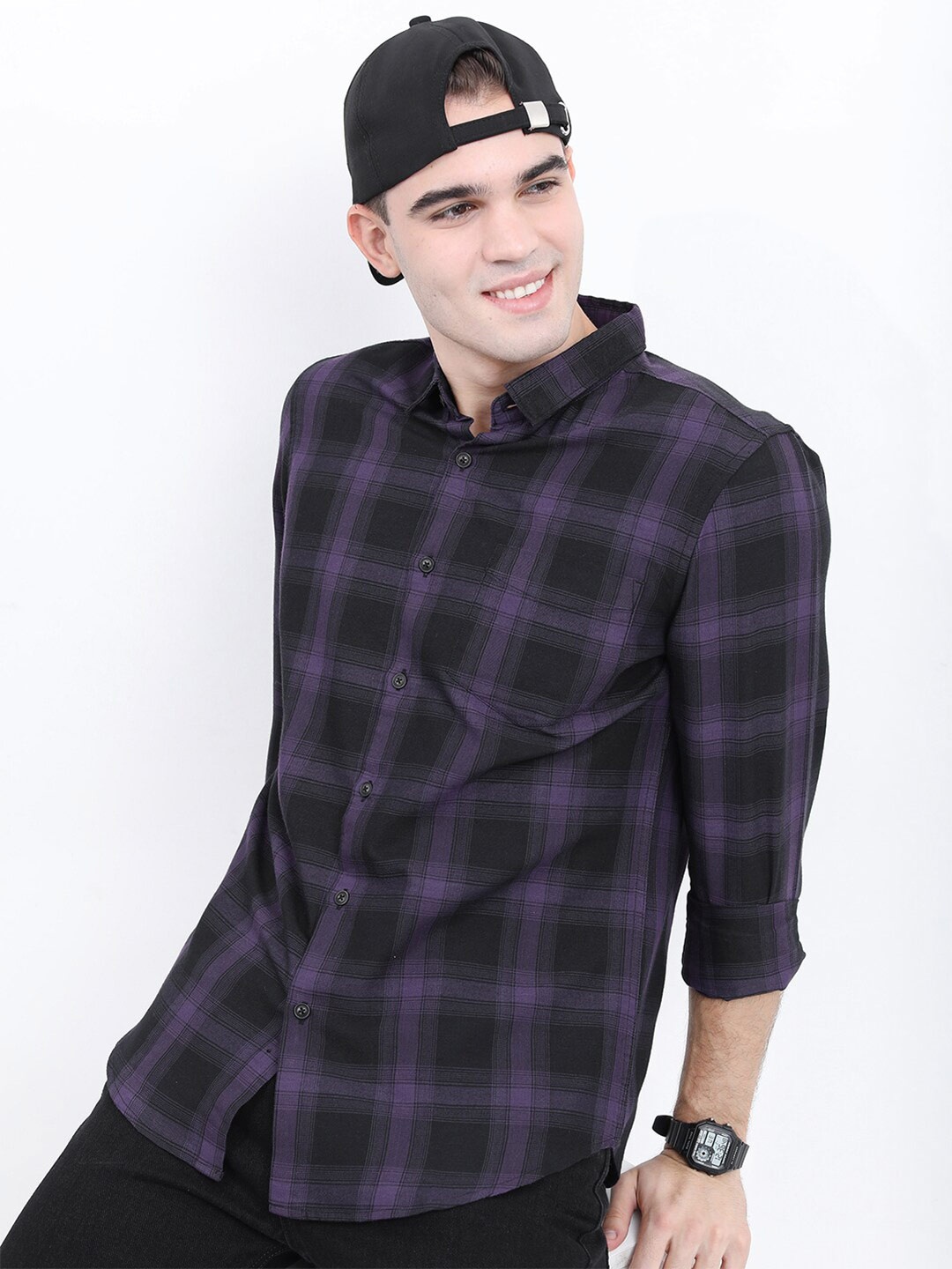 

HIGHLANDER Men Slim Fit Checked Casual Cotton Shirt, Black