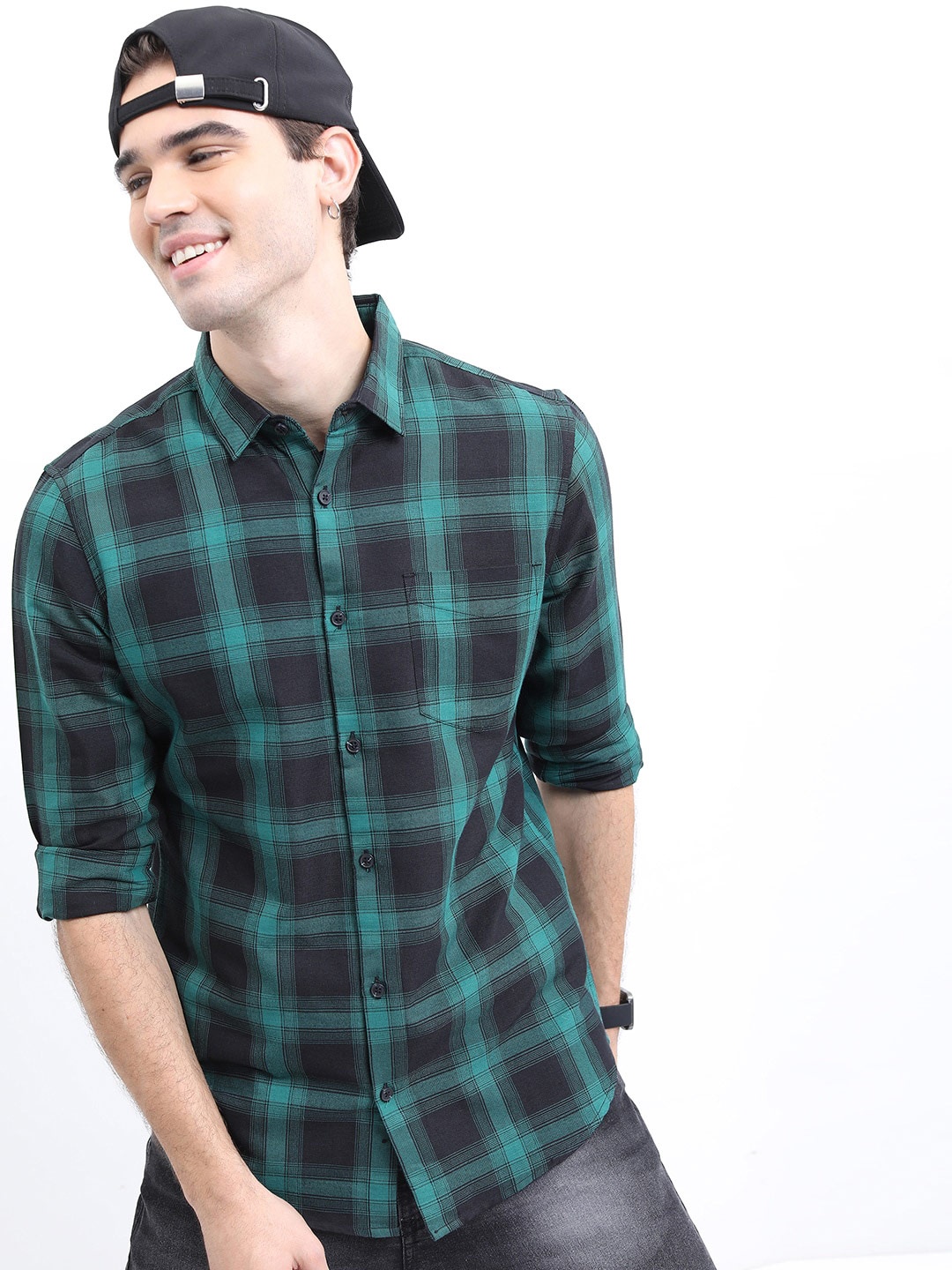 

HIGHLANDER Men Slim Fit Tartan Checks Casual Cotton Shirt, Black