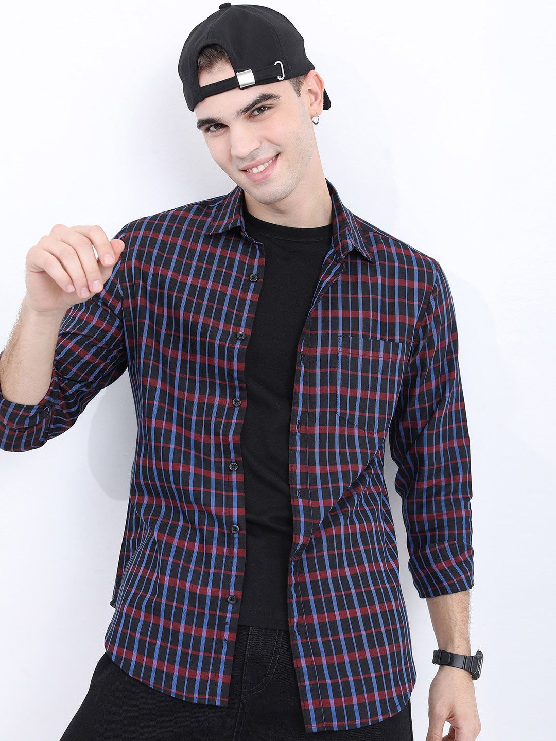 

HIGHLANDER Men Slim Fit Checked Casual Cotton Shirt, Black