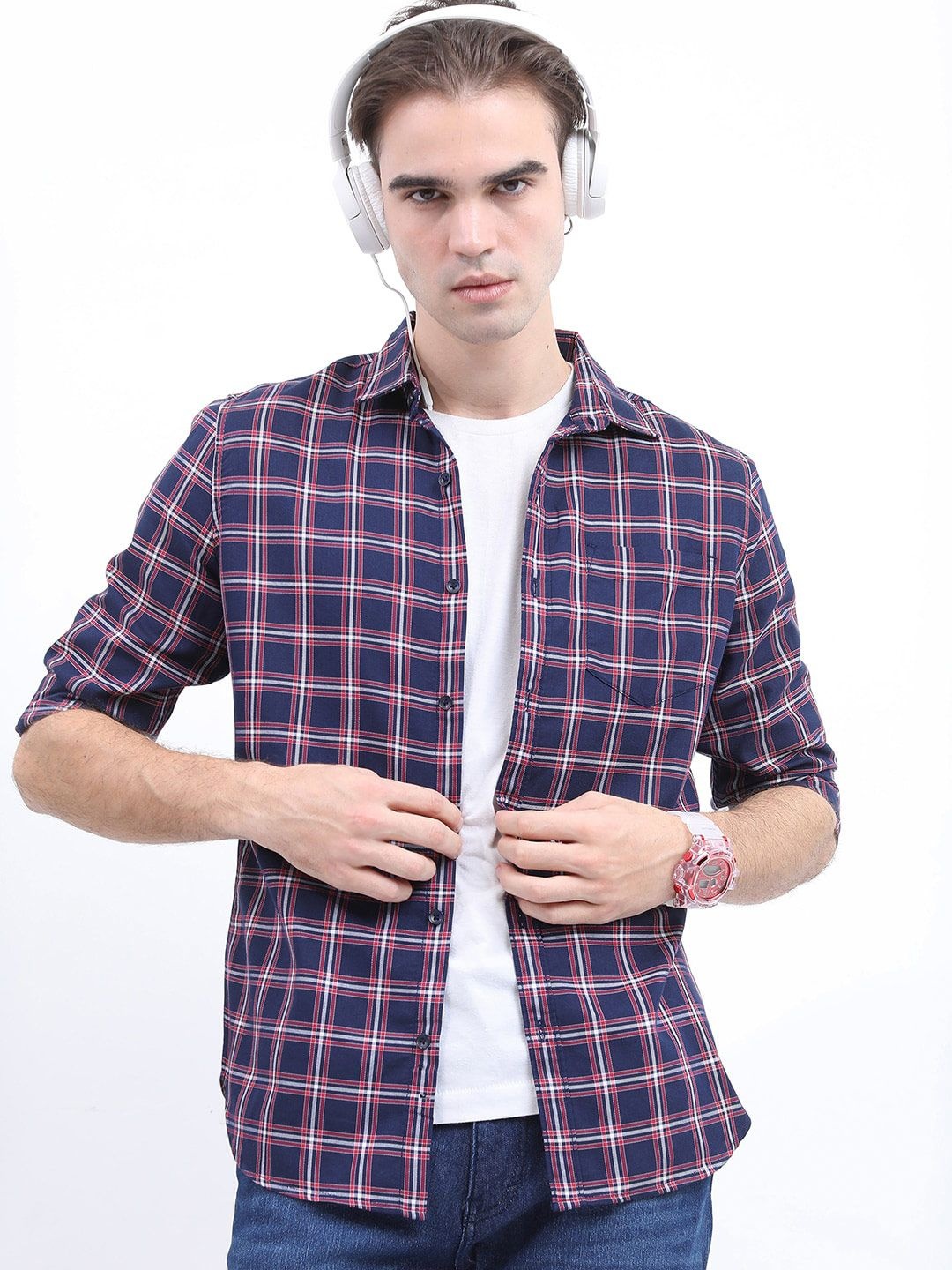 

HIGHLANDER Men Slim Fit Tartan Checked Casual Cotton Shirt, Navy blue